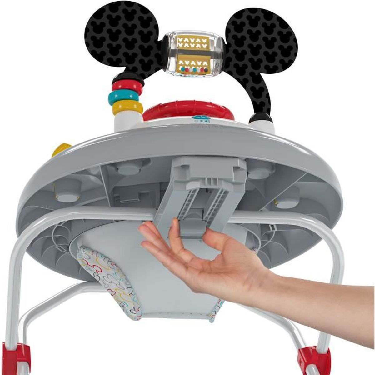 Marco gris de saltador para bebés con orejas de Mickey Mouse y mano.