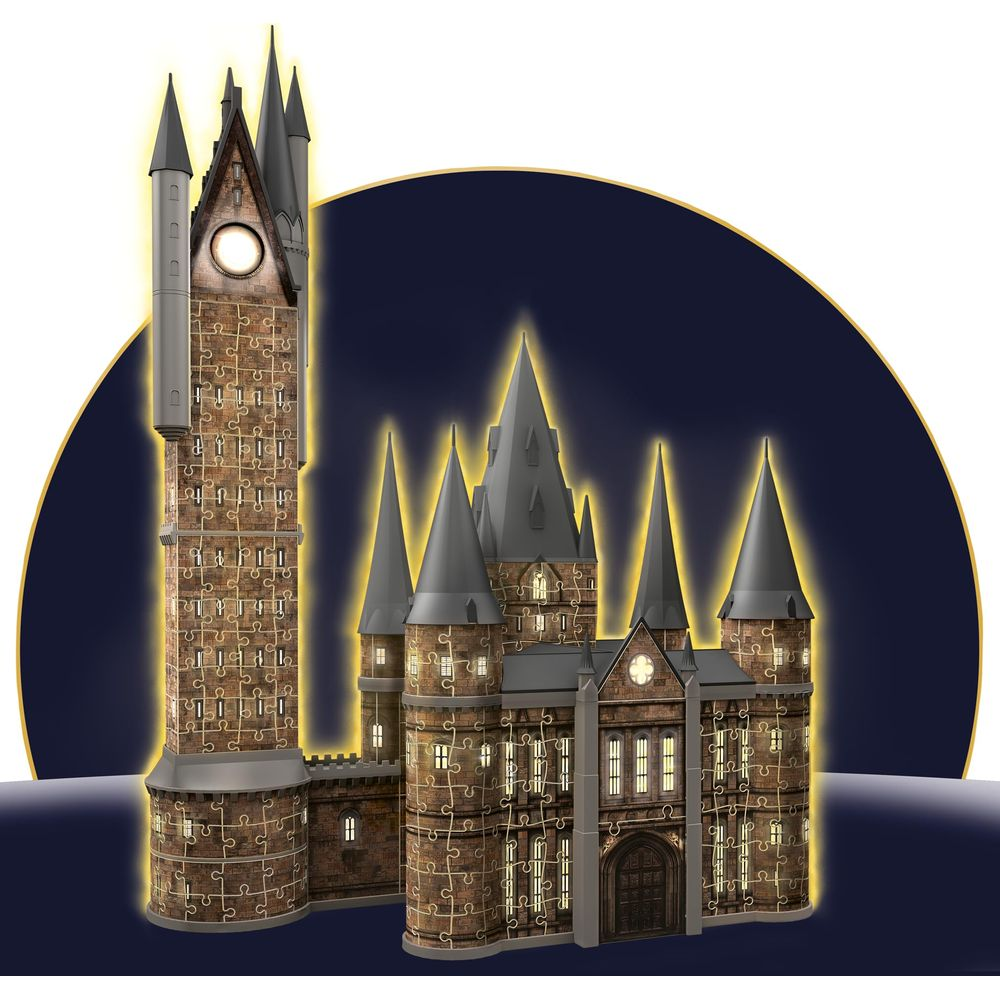 Szczegółowy zamek z puzzli z wieżami i oknami na ciemnym tle.