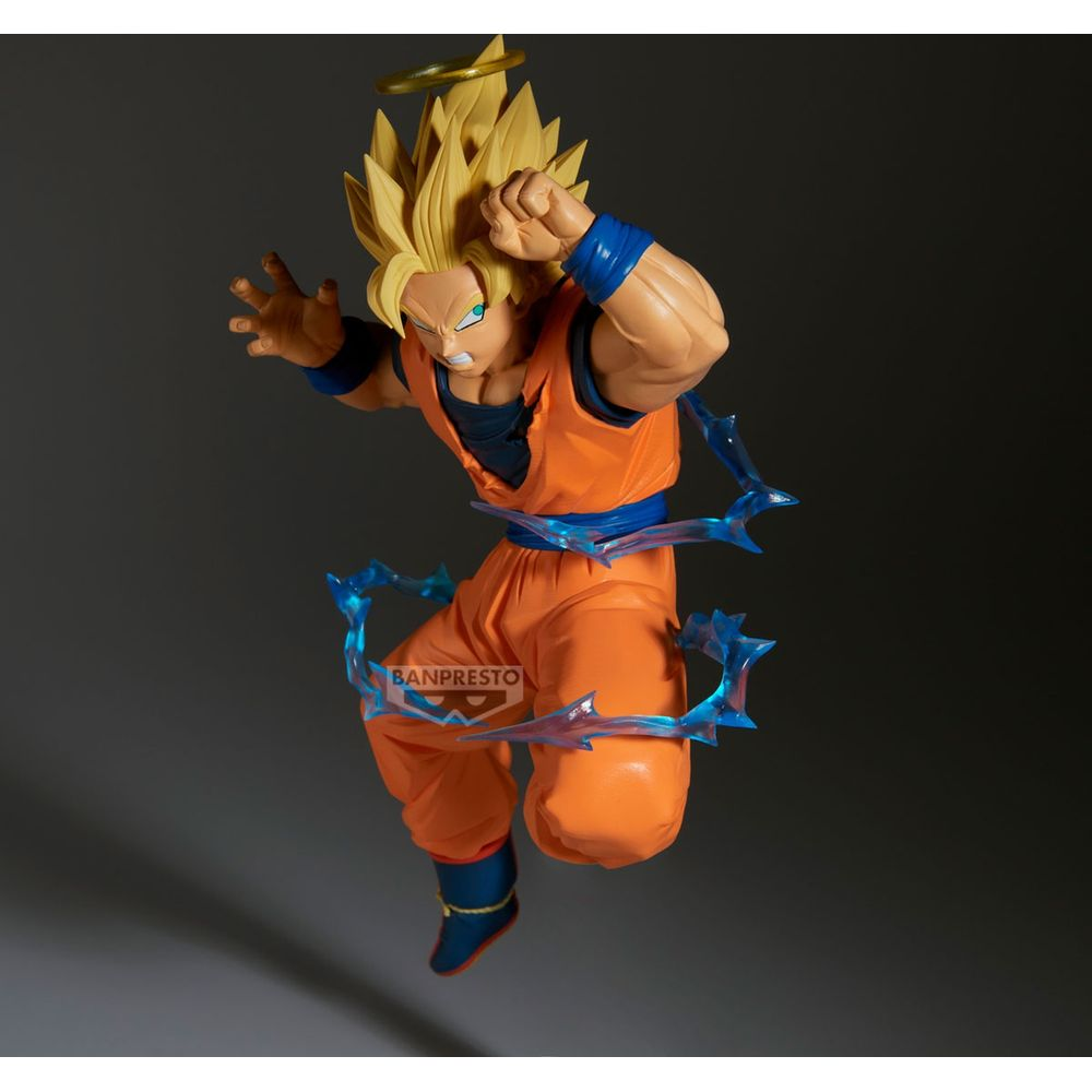 Goku Figur in orangefarbener Kleidung mit blauen Energieeffekten und Heiligenschein.