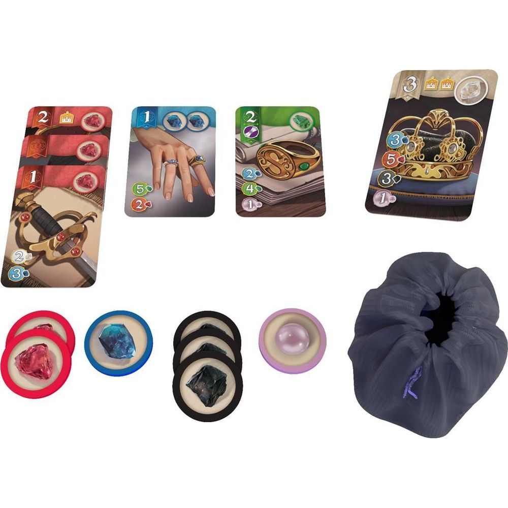 Spielkarten mit Schwert, Edelsteinen, Ringen und einer Krone sowie Spielsteine und ein Beutel.