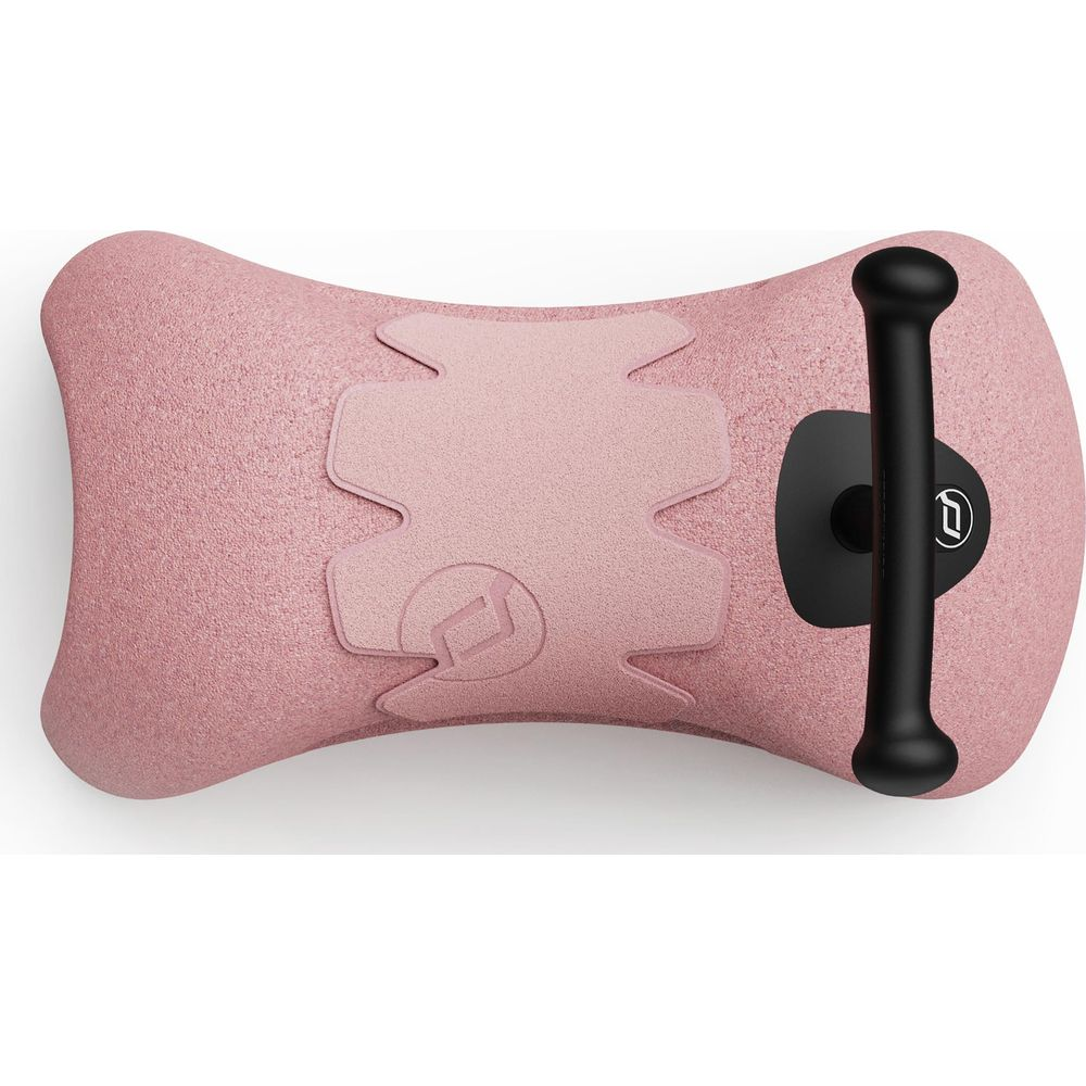 Cuscino rosa a forma di osso con manico nero e logo. Tessuto testurizzato.