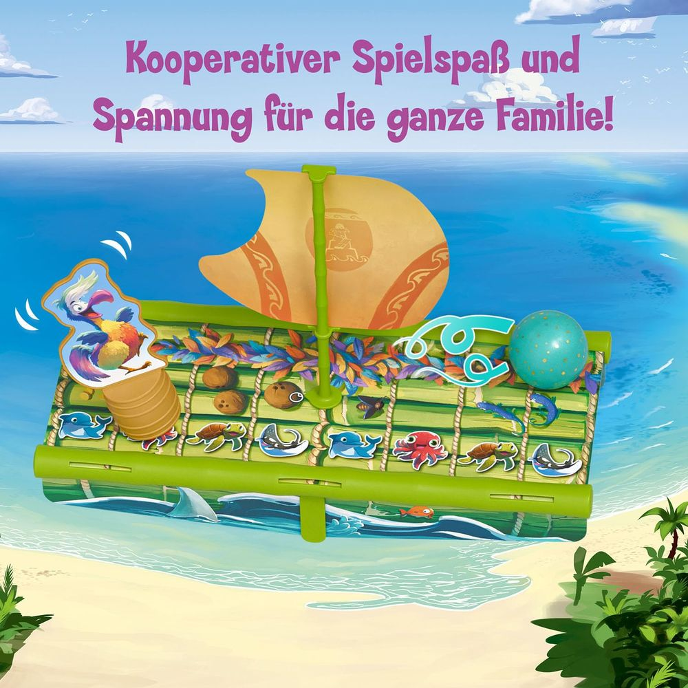 Un colorato tabellone di gioco con animali su una zattera in uno sfondo tropicale.