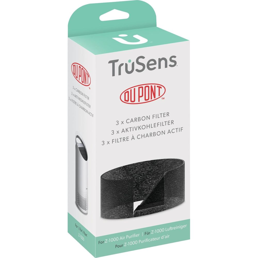 Verpackung für TruSens Luftreiniger mit 3 Kohlefiltern. Zeigt Filter und Reiniger.