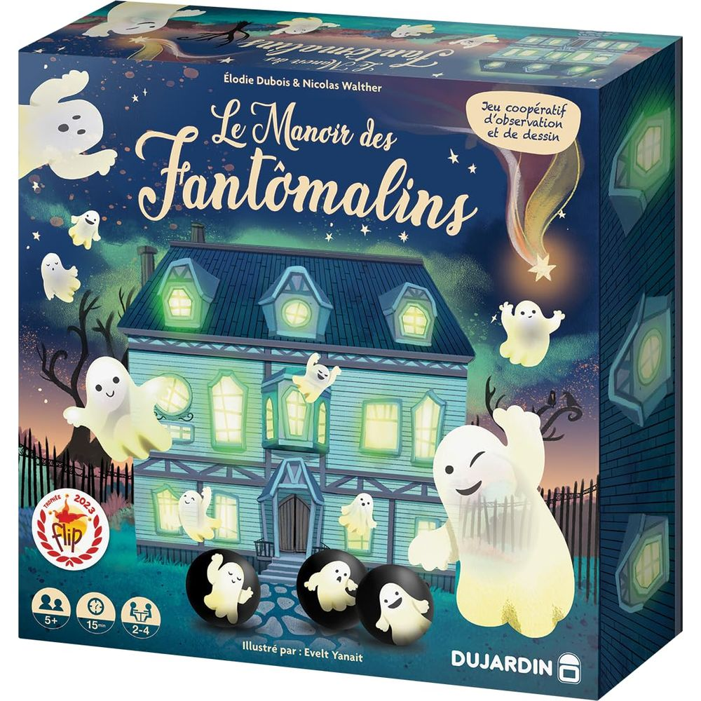Een spookhuis met geesten en spelinfo op de voorkant.