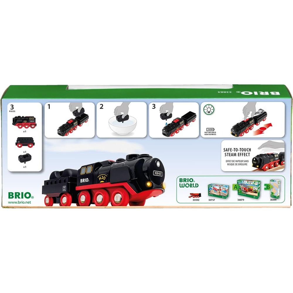 BRIO Dampfeffekt-Lok mit drei Waggons und Montageanleitung.