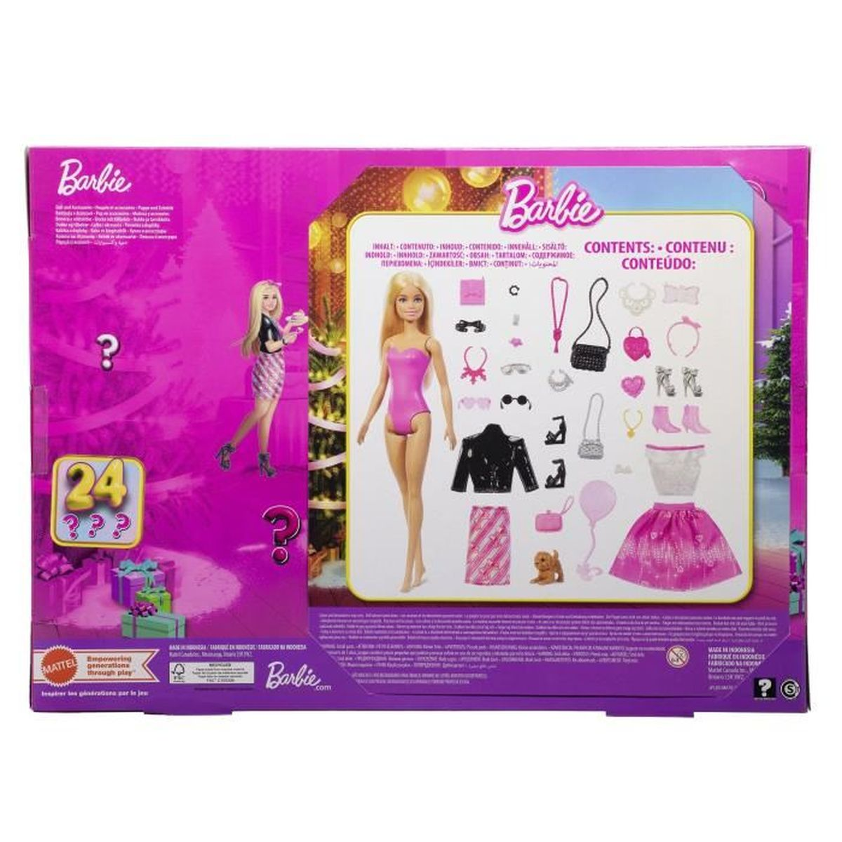 Caja de Barbie con muñeca, ropa y accesorios. Incluye 24 sorpresas.