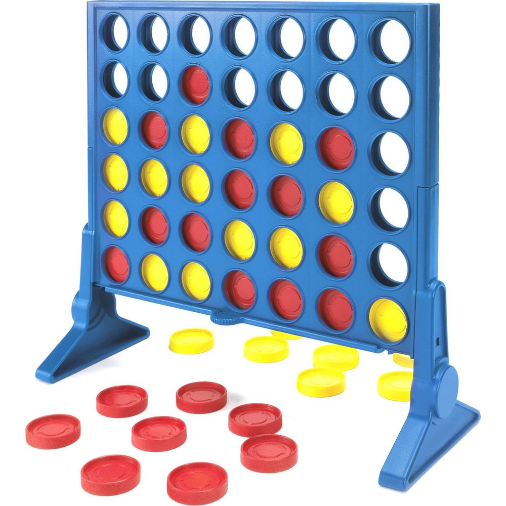 Ein blaues Verbinde-Vier-Spiel mit roten und gelben Spielsteinen.