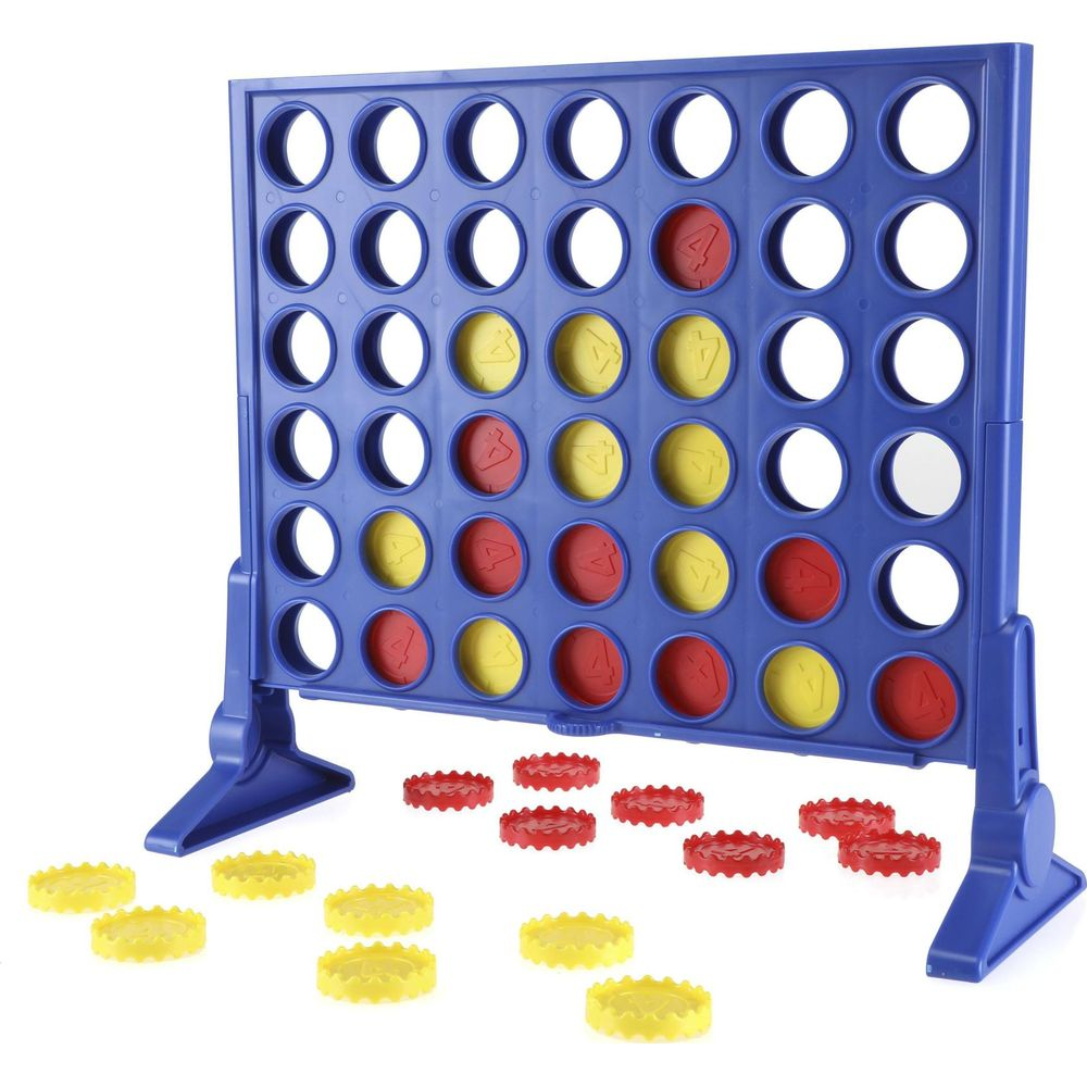 Ein blaues Connect 4 Spielbrett mit roten und gelben Scheiben.