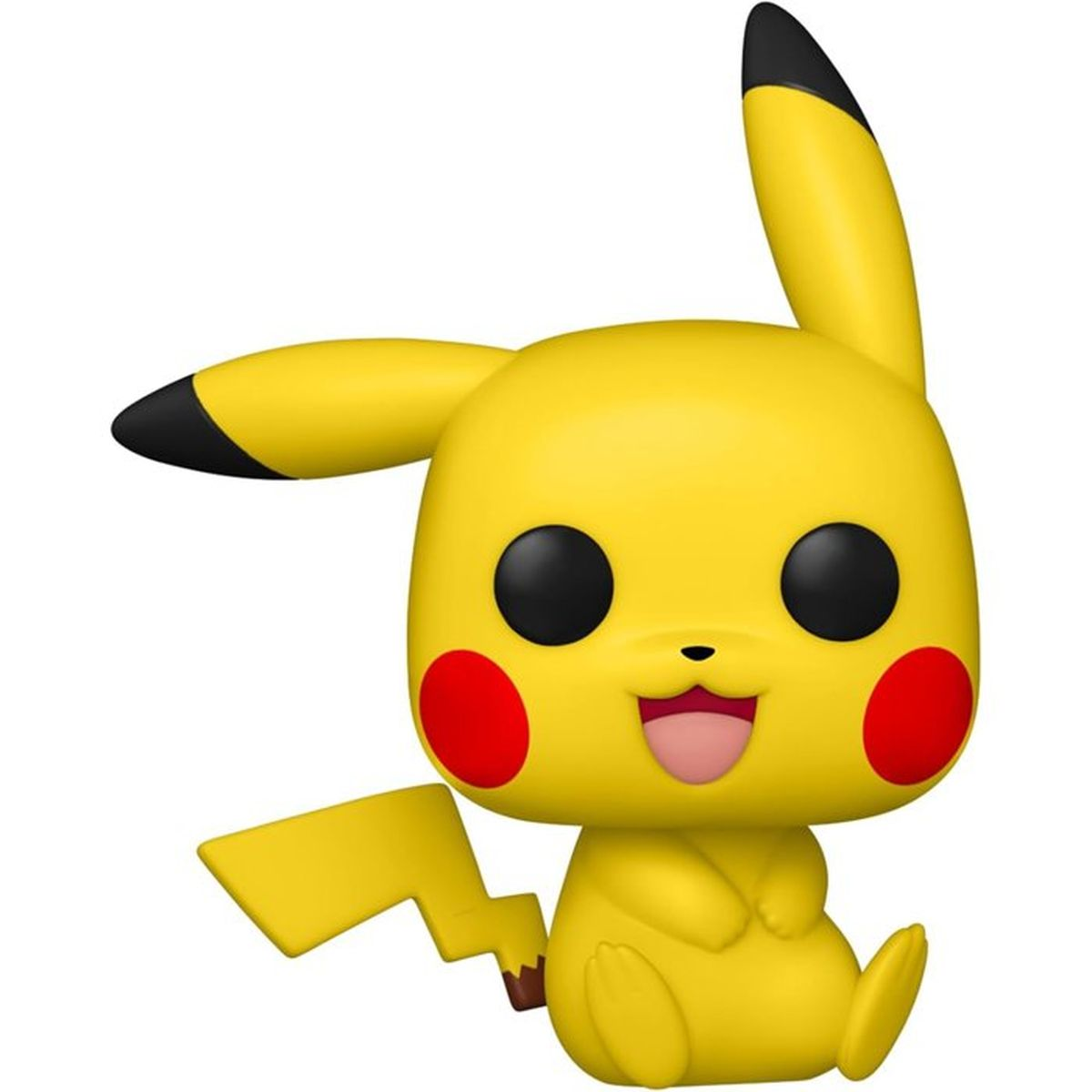 Żółta figurka Pikachu z czerwonymi policzkami i ogonem błyskawicy siedzi.