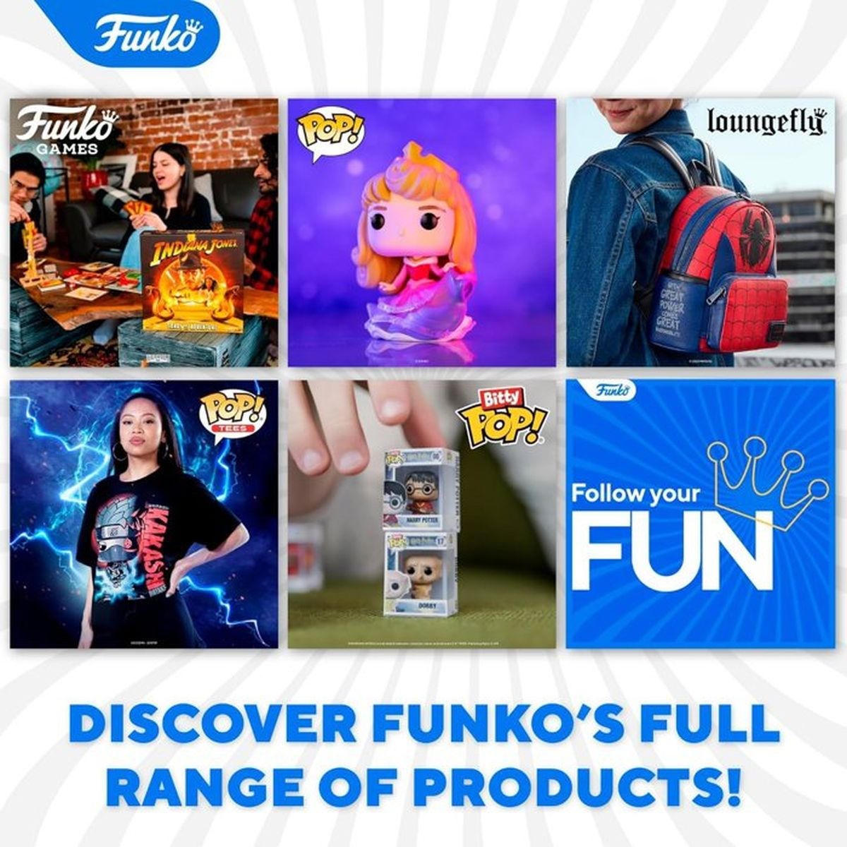 Kolaż produktów Funko: gra planszowa, figurka, plecak, koszulka, Bitty Pop.
