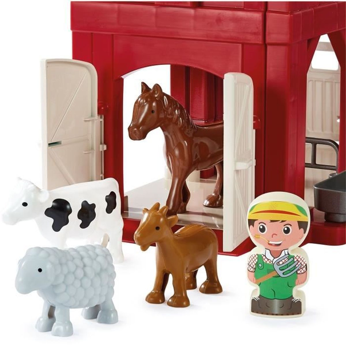 Fienile giocattolo con cavallo, mucca, pecora, capra e contadino.
