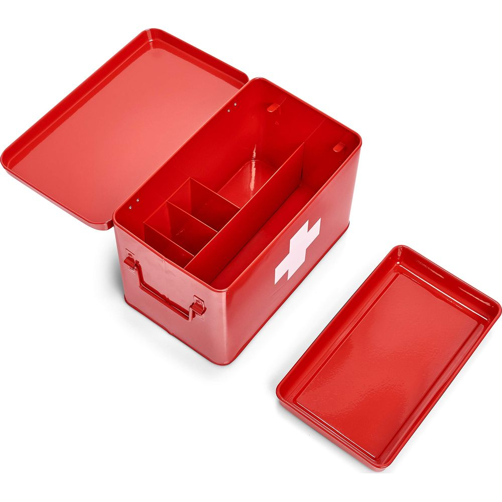 Rote Erste-Hilfe-Box mit weißem Kreuz, offen, mit herausnehmbarem Fach.