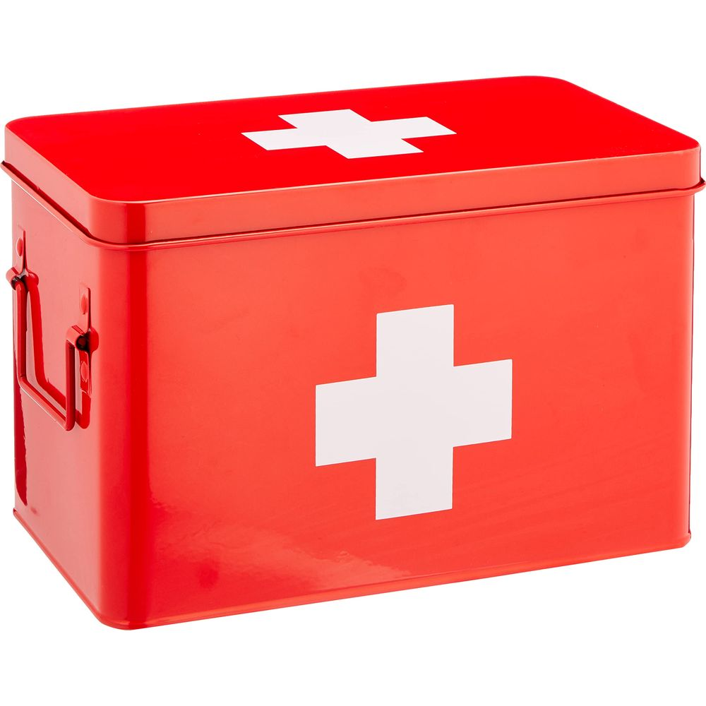 Rote Erste-Hilfe-Box mit weißem Kreuz auf Deckel und Vorderseite.