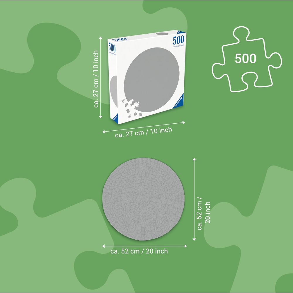 Okrągłe puzzle 500 elementów: pudełko 27cm, gotowe puzzle 52cm.