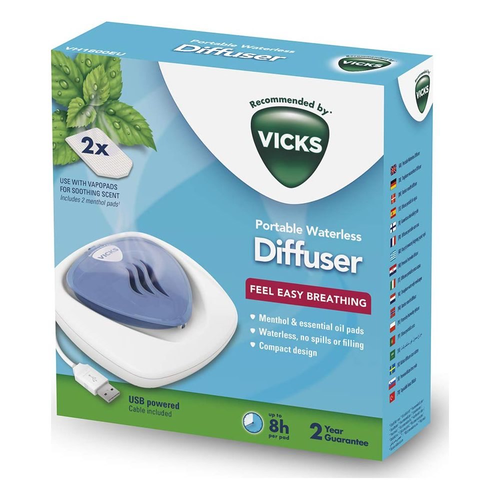 İki mentollü pedli Vicks taşınabilir susuz difüzör kutusu.