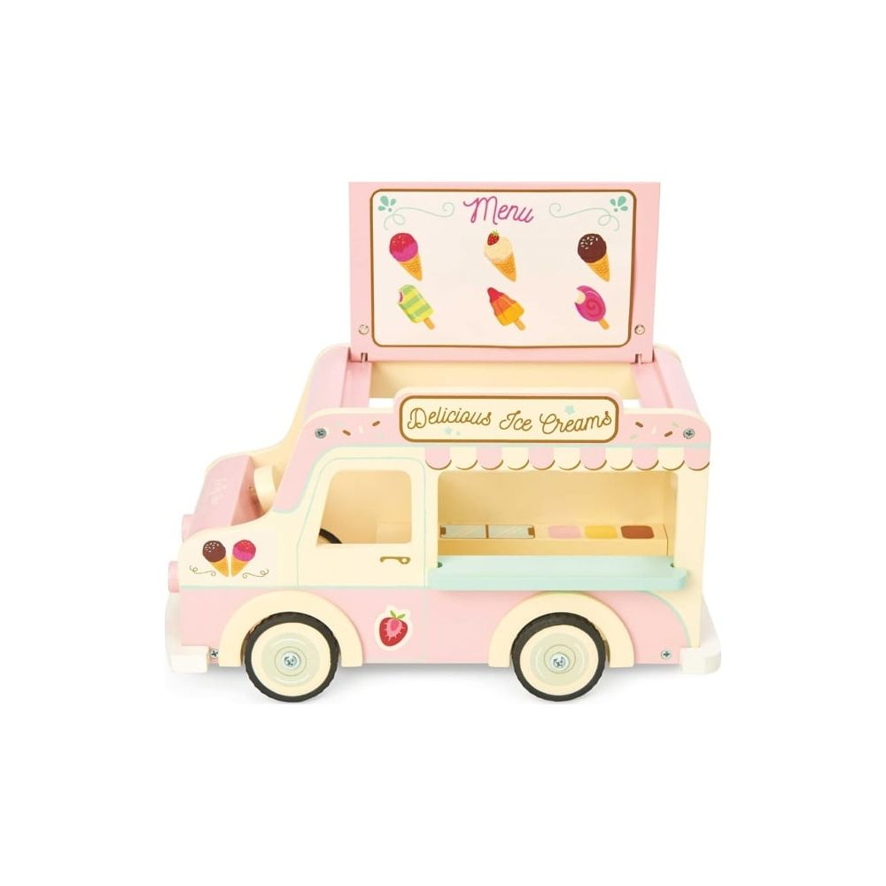 Rosa und cremefarbener Spielzeug-Eiswagen mit Menü und Eisbildern auf der Oberseite.