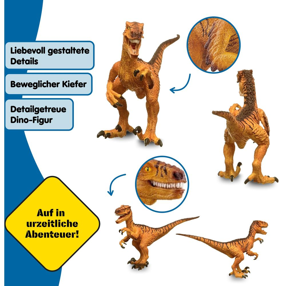 Drie oranje dinosaurusfiguren met donkere strepen op lichte achtergrond.