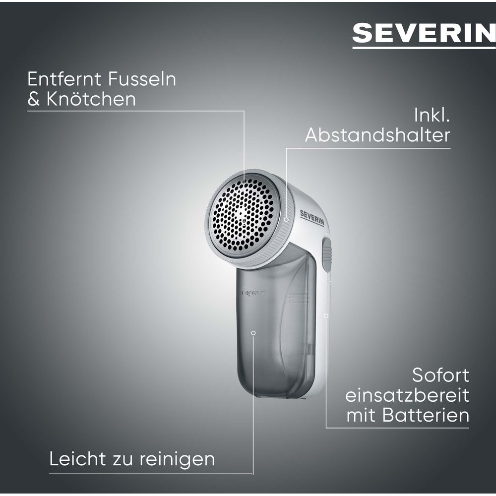 Ein weißer und grauer Fusselentferner von Severin mit Abstandshalter.