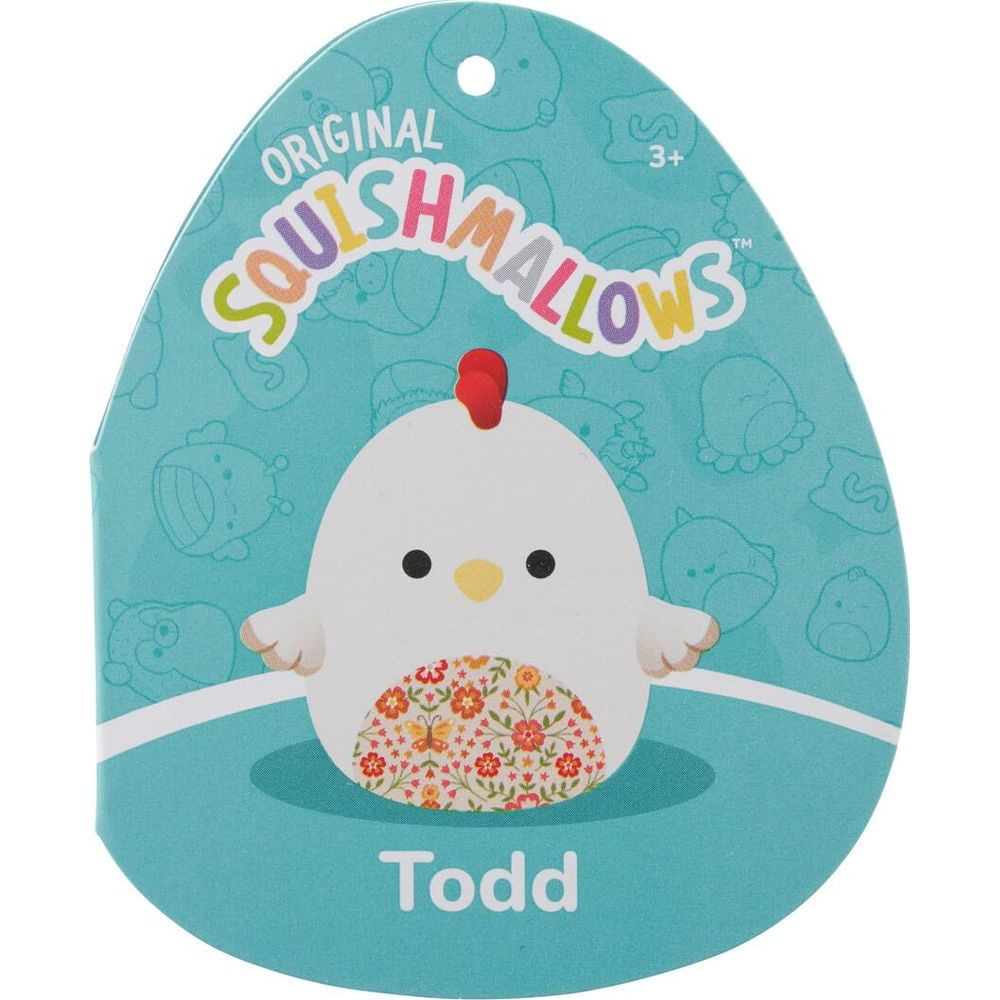 Un peluche di pollo bianco con motivo floreale sul petto, di nome Todd.