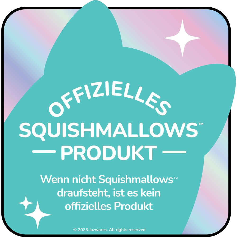 Sigillo prodotto ufficiale Squishmallows con testo su sfondo turchese e rosa.