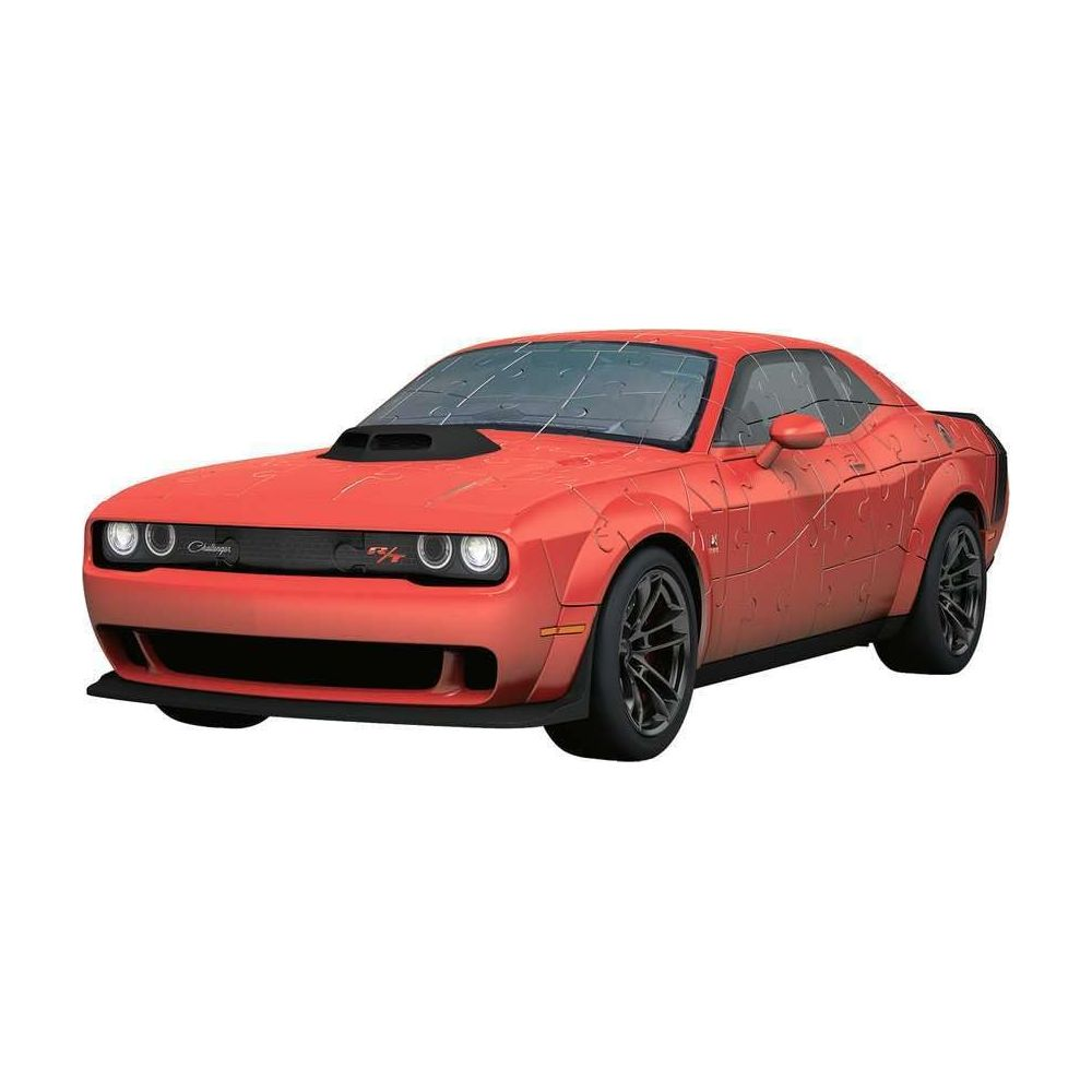 Ein rotes Puzzle-Auto im Stil eines Dodge Challenger mit schwarzen Felgen.