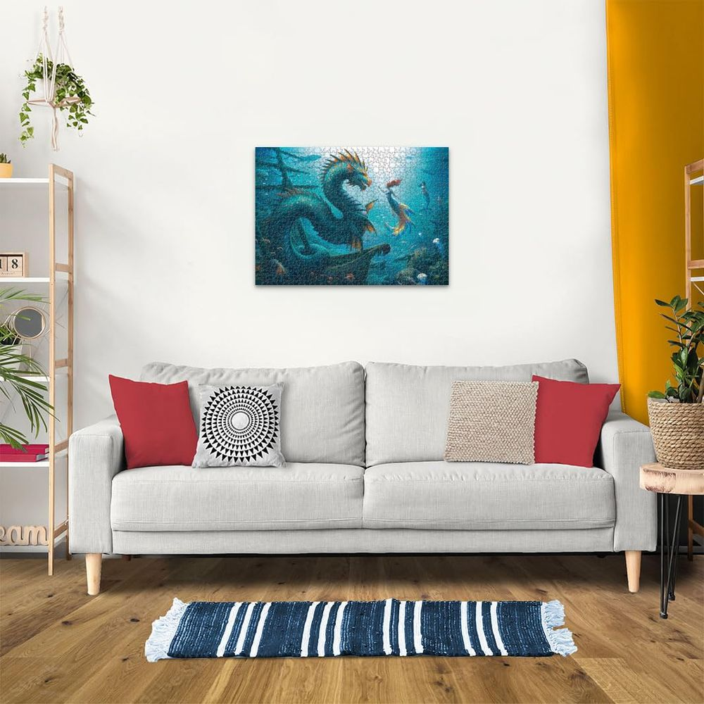 Un dragon vert nage avec des sirènes et des poissons dans l'eau bleue.