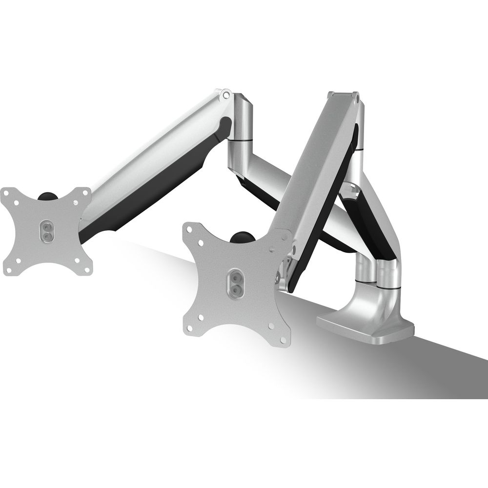 Two silver monitor arms with black accents, on a white background.