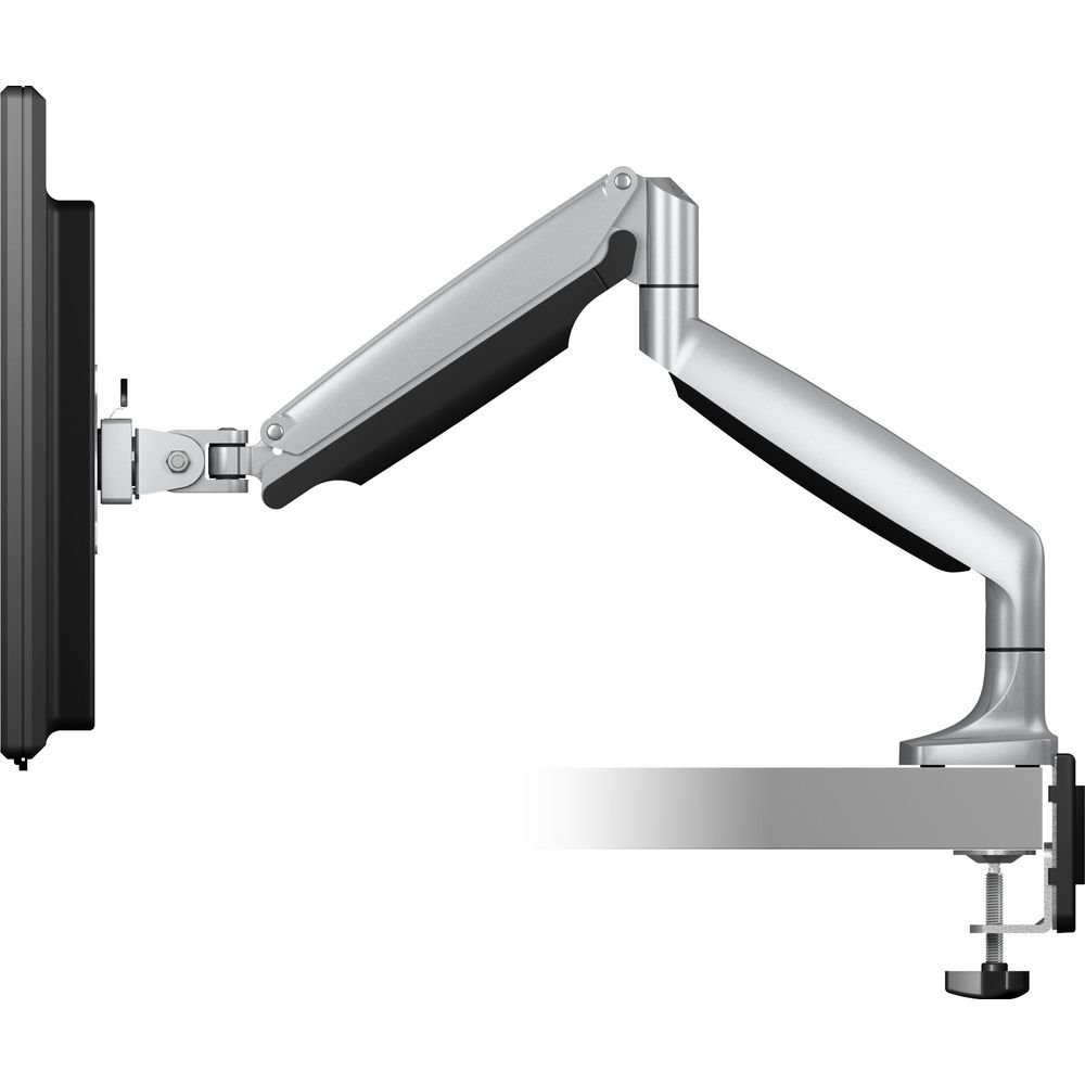 A silver monitor arm holding a black screen, clamped to a desk surface.