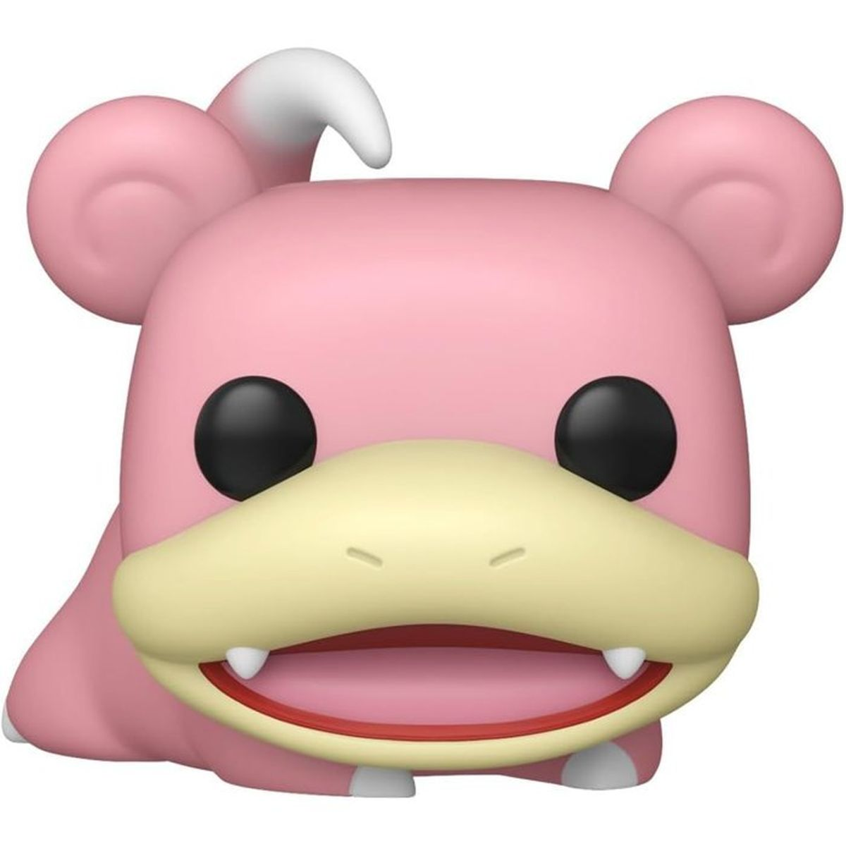 Una figura rosa con pico amarillo grande y ojos negros.