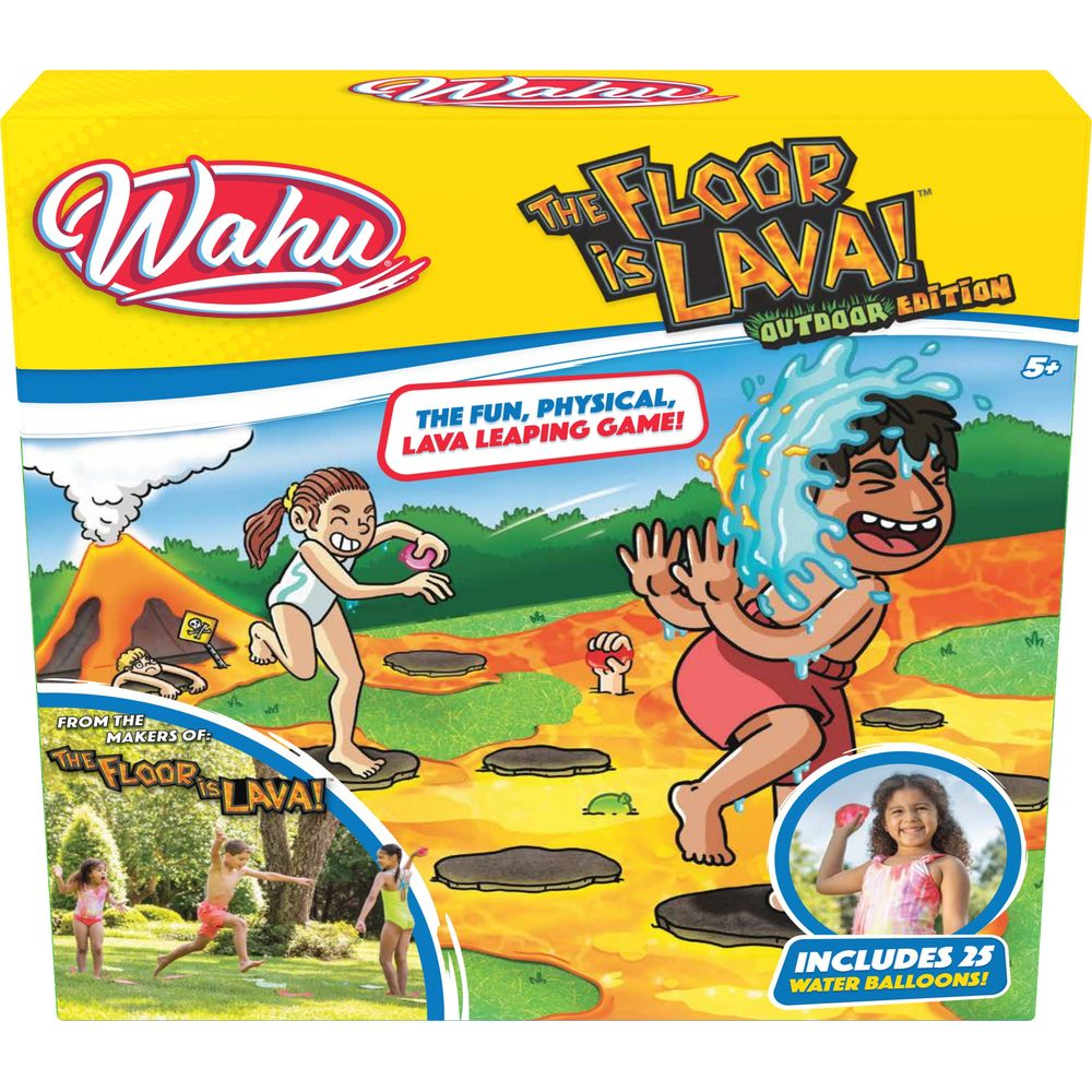Scatola del gioco "The Floor is Lava Outdoor Edition" con bambini che saltano sulla lava.