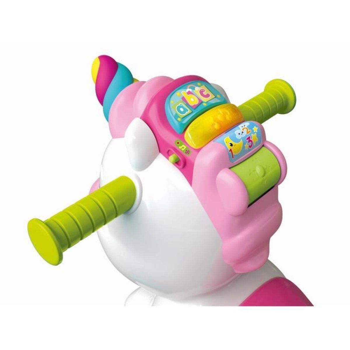 Un giocattolo unicorno rosa con manubrio, pulsanti e luci.