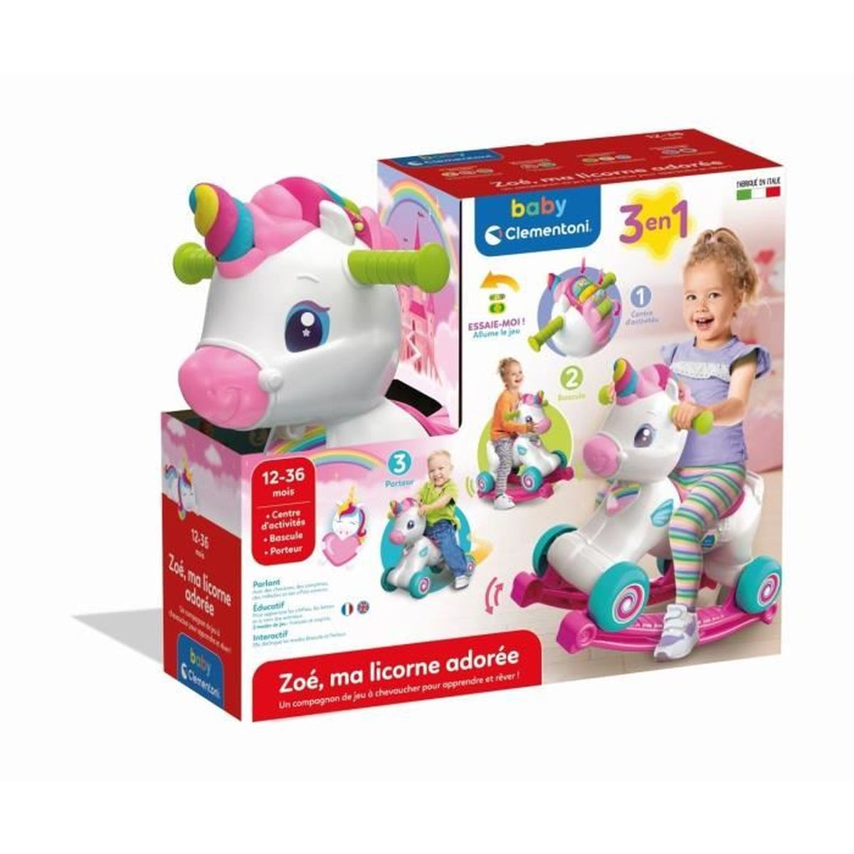 Un unicorno giocattolo con la sua scatola, che mostra tre modalità di gioco: centro attività, dondolo e girello.