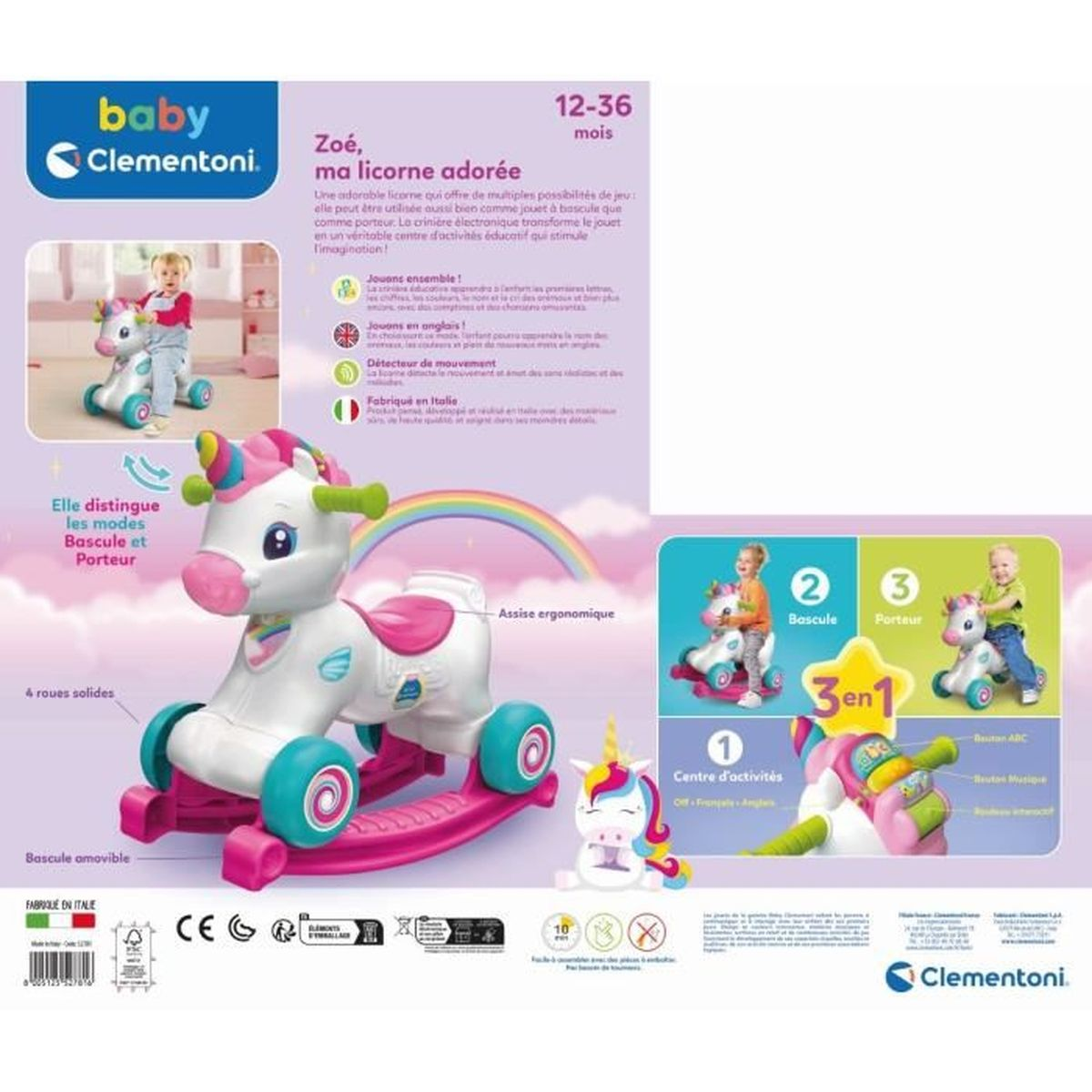 Un cavallo a dondolo unicorno bianco con accenti rosa e turchese per neonati.