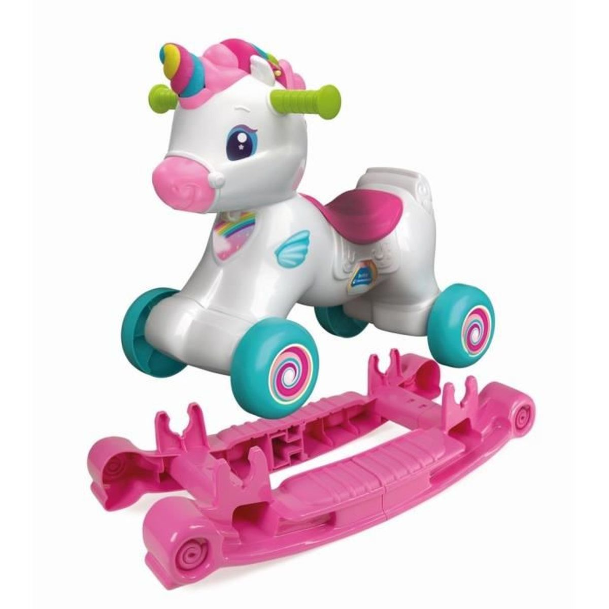 Un cavalcabile unicorno bianco con accenti rosa e blu  è sopra una base a dondolo rosa.