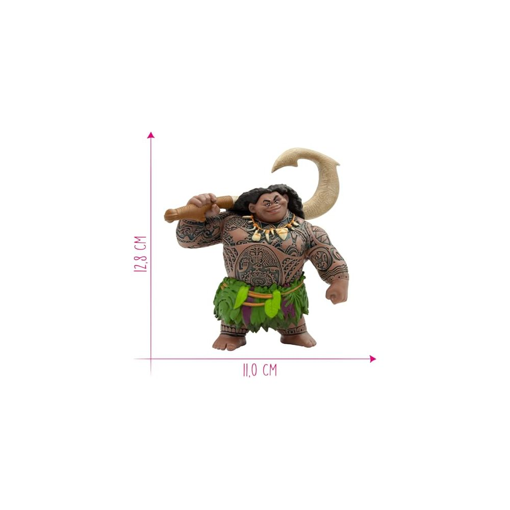 Ein Maui-Figur mit Tätowierungen, grüner Lendenschurz, hält Haken auf der Schulter.