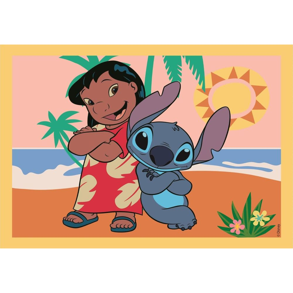 Lilo i Stitch stoją na plaży z palmami i słońcem.