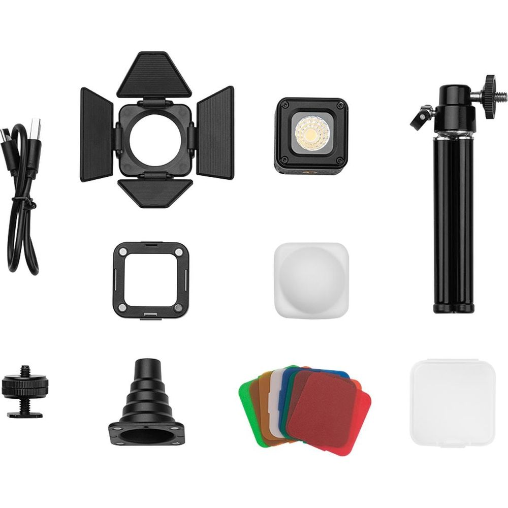 Photography light accessories: Barn door, flash, grip, diffusers, color filters.