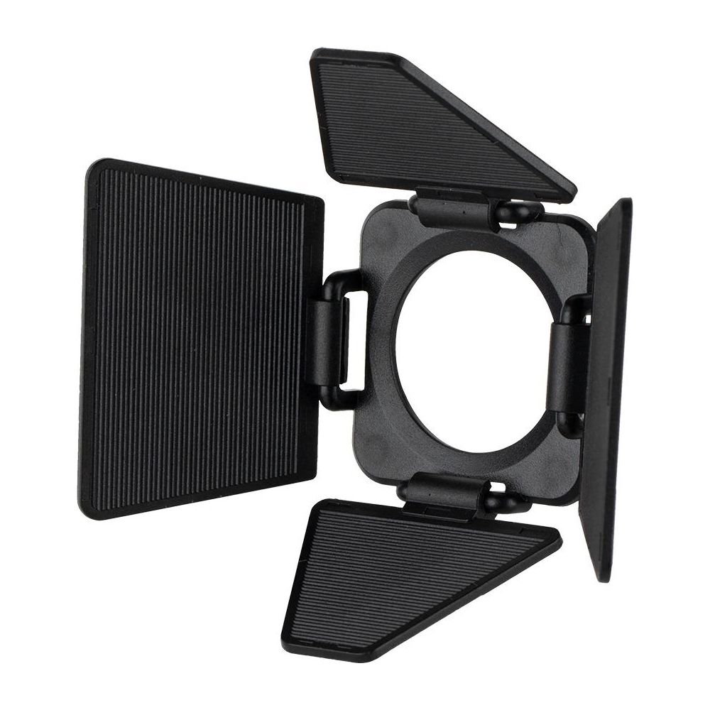 A black light modifier with four adjustable flaps, on a white background.