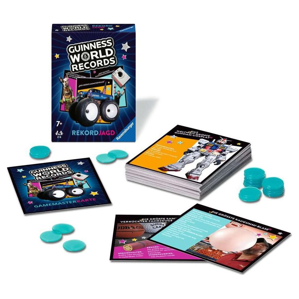Jeu de société Guinness World Records avec cartes, jetons et boîte de jeu sur fond blanc.