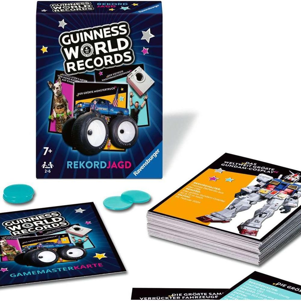 Jeu Ravensburger Guinness World Records "Rekordjagd" avec cartes et jetons.