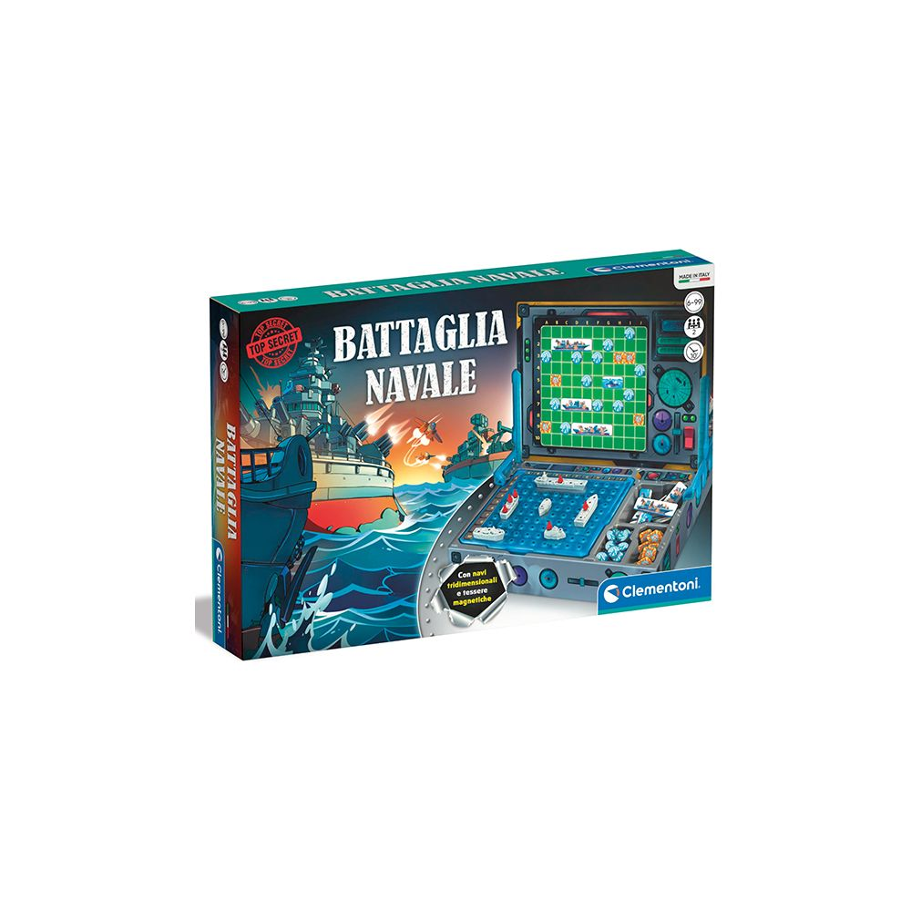 Pudełko gry planszowej Clementoni "Battaglia Navale" ze statkami i planszą.