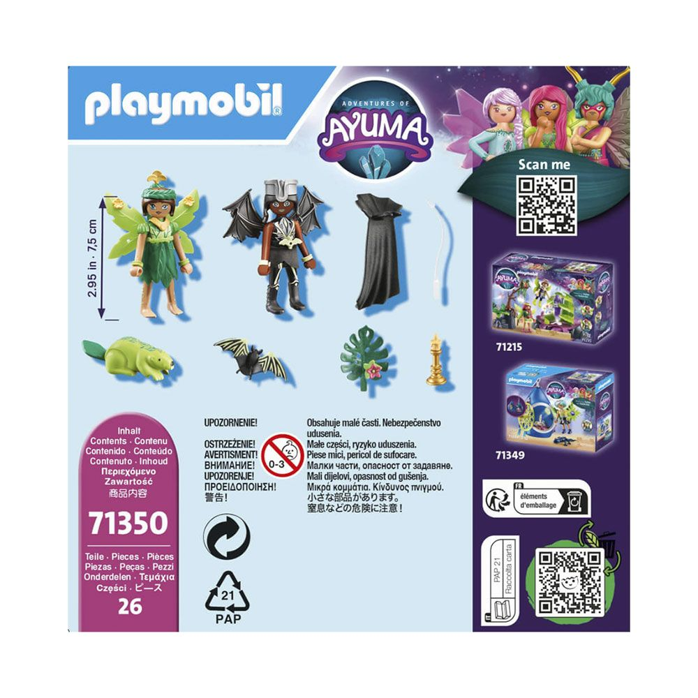 Figurki, akcesoria i pudełka Playmobil Ayuma z ostrzeżeniami i detalami rozmiaru.