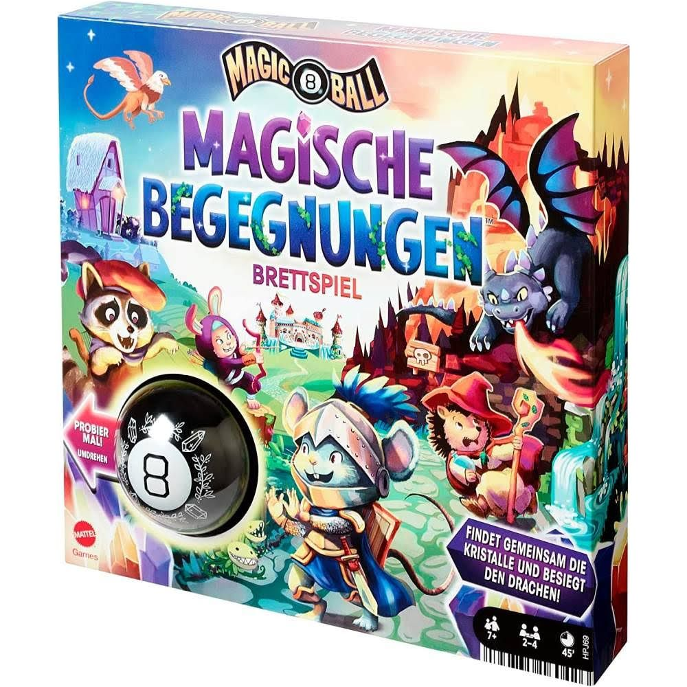 Brettspiel-Box mit Fantasy-Figuren: Mausritter, Drache, Waschbär, Hase, Vogel. Magic 8 Ball enthalten.