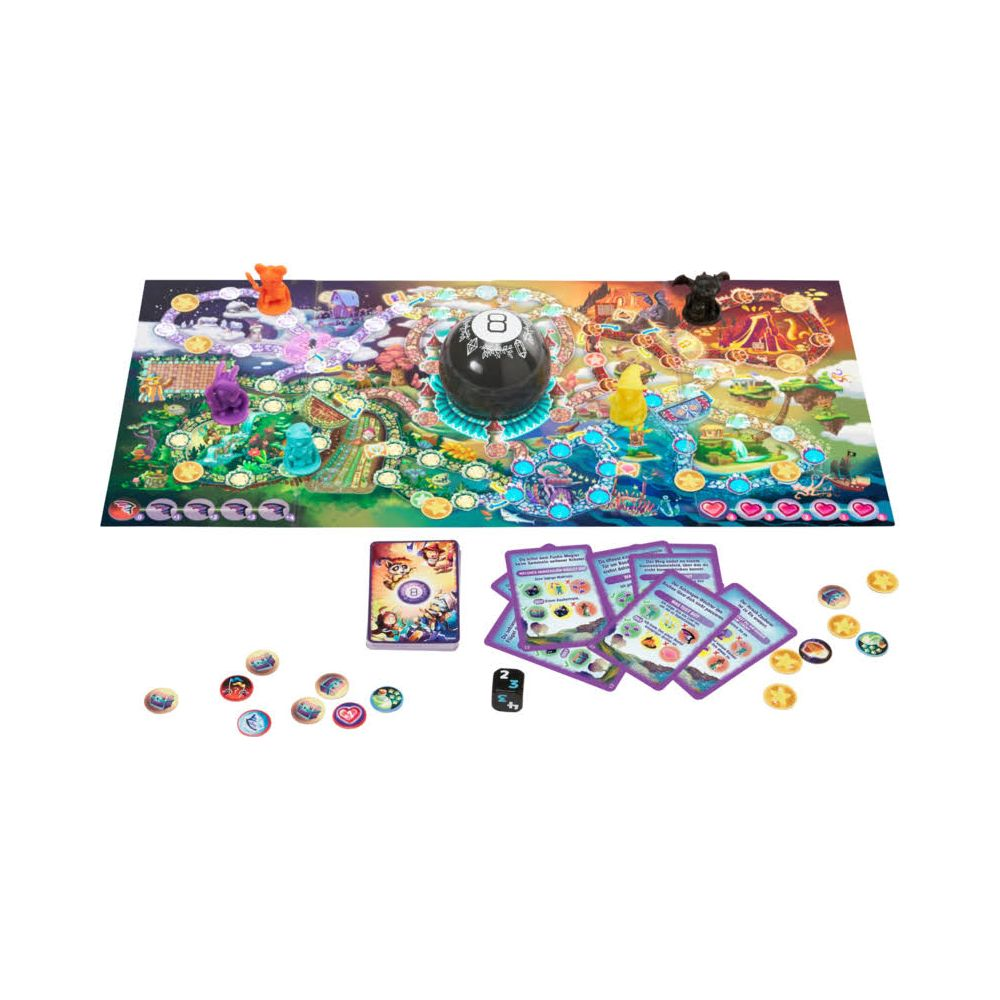 Ein Brettspiel mit einer magischen Kugel, Karten, Spielsteinen und Spielfiguren.