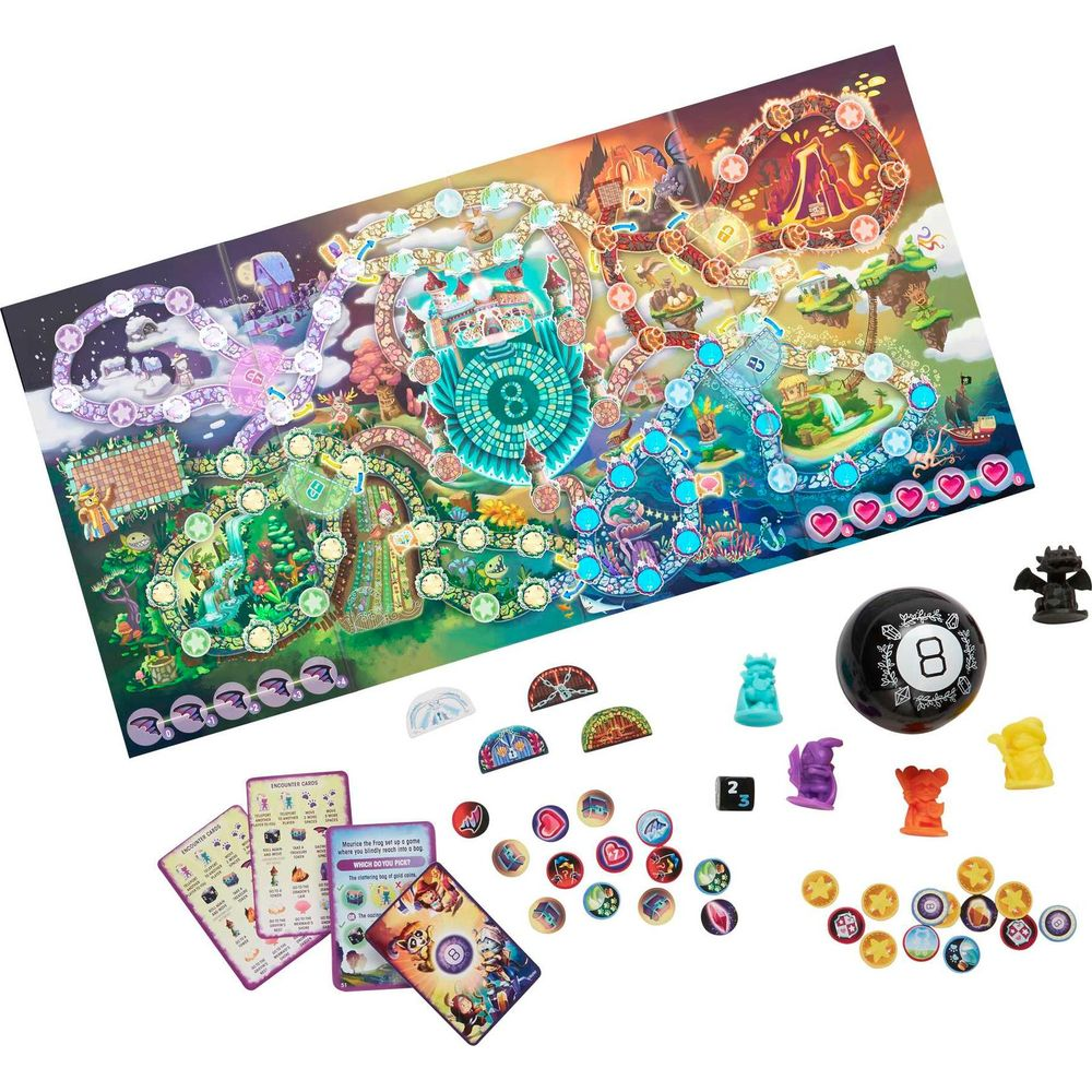 Ein magisches Brettspiel mit bunten Pfaden, Fabelwesen, Karten und Würfeln.