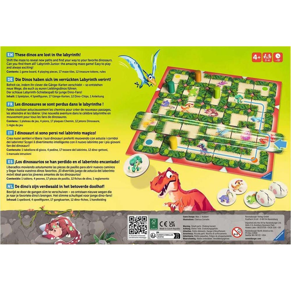 Dinosaurier-Labyrinthspiel mit bunten Spielfiguren und verschiebbaren Wegen.