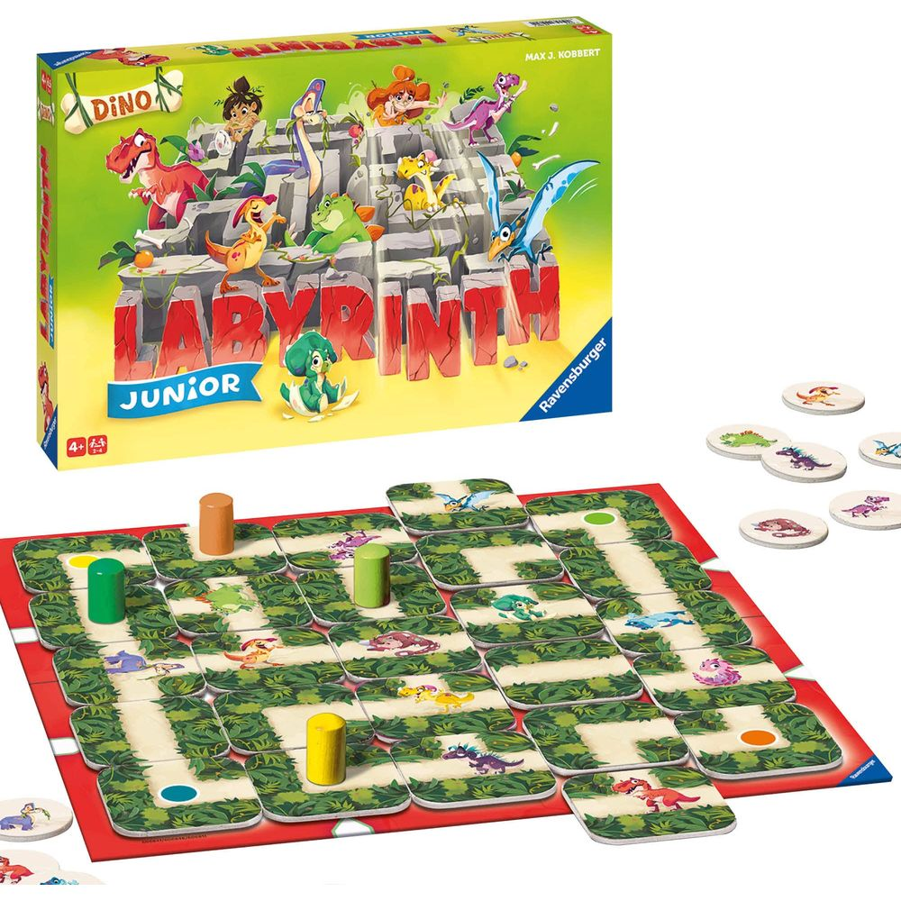 Das Spiel Labyrinth Junior mit Dinosauriern und einem Spielbrett.