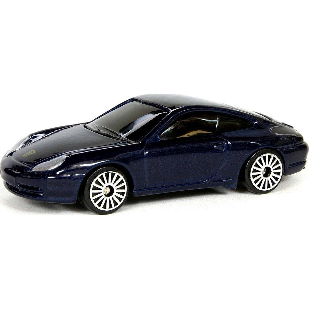 Dunkelblauer Porsche 911 Spielzeugauto mit weißen Felgen auf weißem Hintergrund.