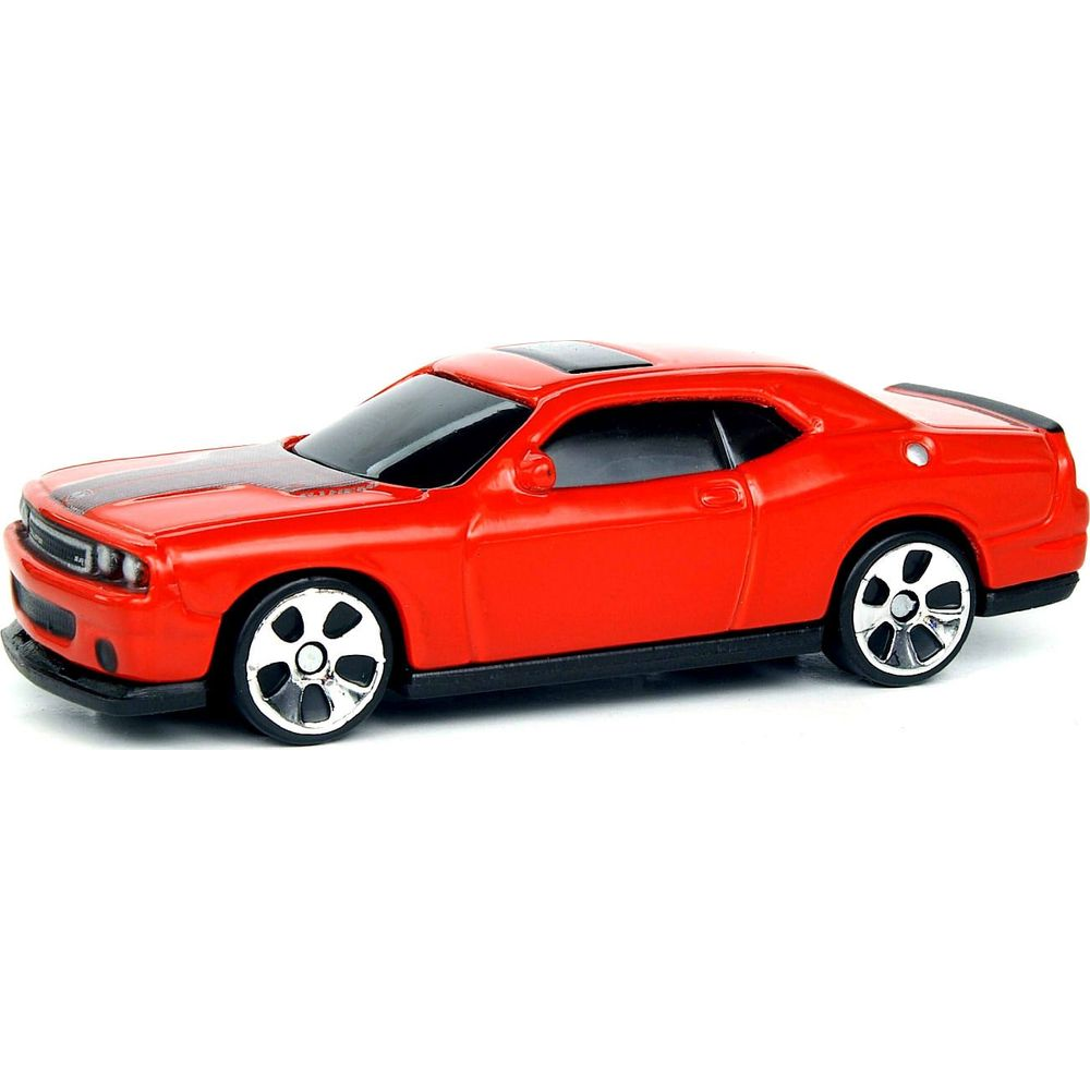 Ein rotes Spielzeugauto mit schwarzen Streifen auf der Motorhaube.