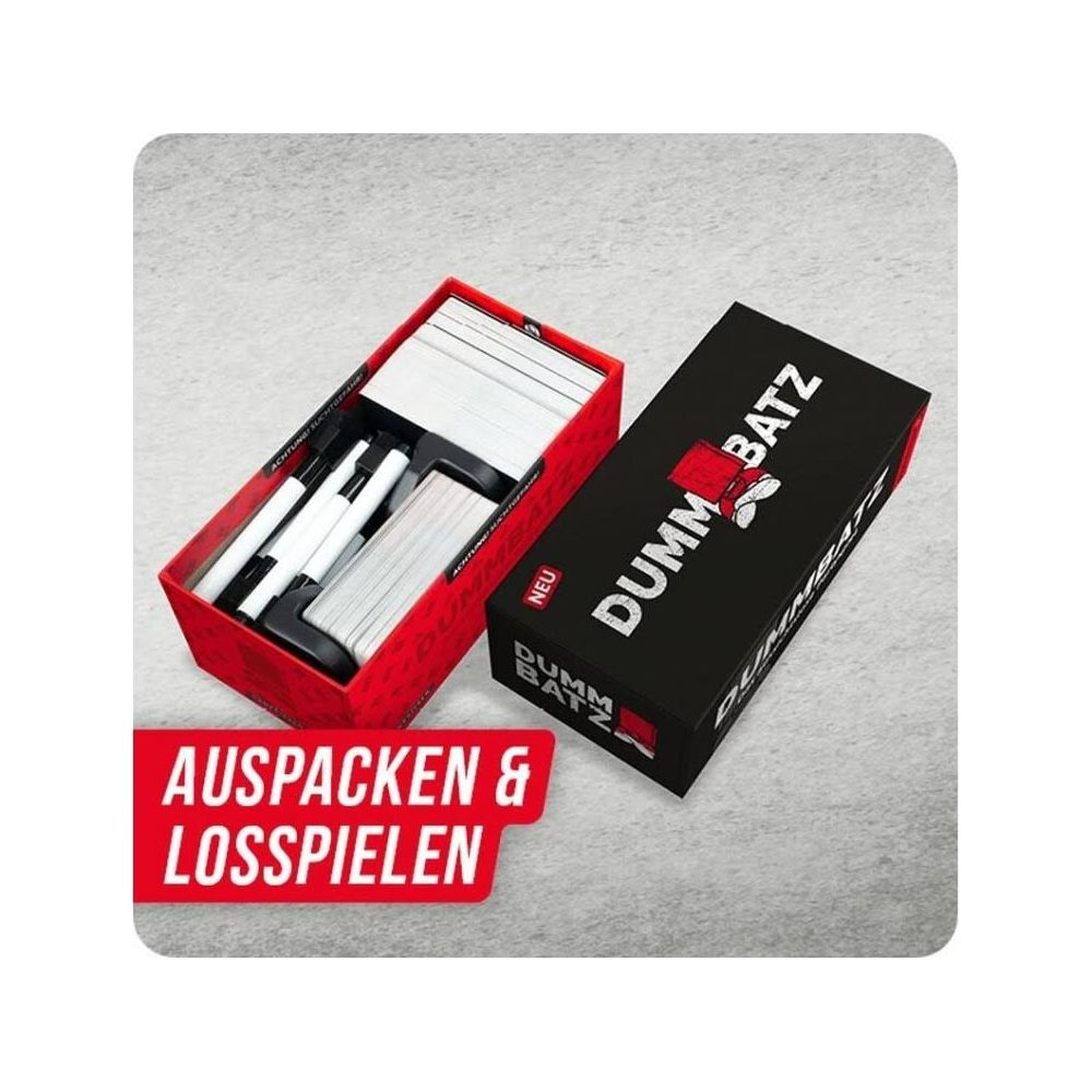 Zwei Spielschachteln, eine rote mit Karten und Stiften, eine schwarze mit Text.